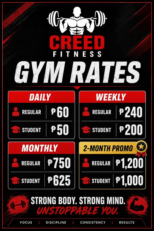 Creed Fitness Gym posted membership rates from Facebook